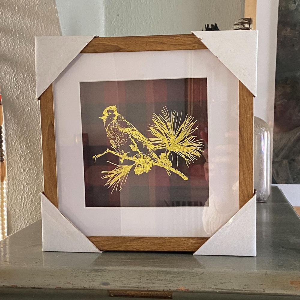 Cardinal Decor Bird Gold Painted Etched on Glass Shadowbox Frame with Fabric